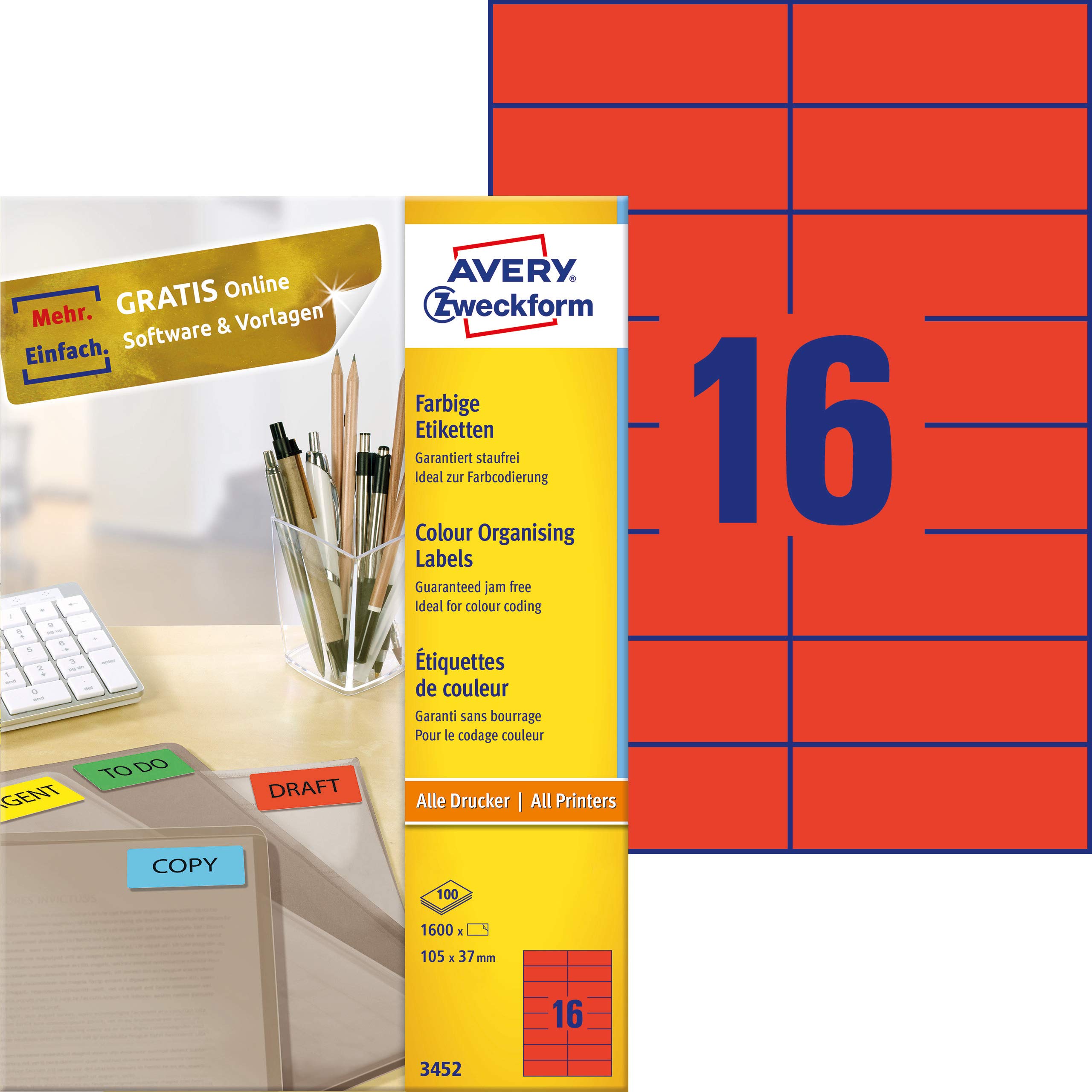 Avery Zweckform 3452 Coloured Labels – A4 – 1600 Labels 105 x 37 mm 100 Sheets Red — image 1