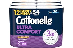 Cottonelle Ultra Comfort Toilet Paper with Cushiony CleaningRipples Texture, 12 Family Mega Rolls = 54 Regular Rolls