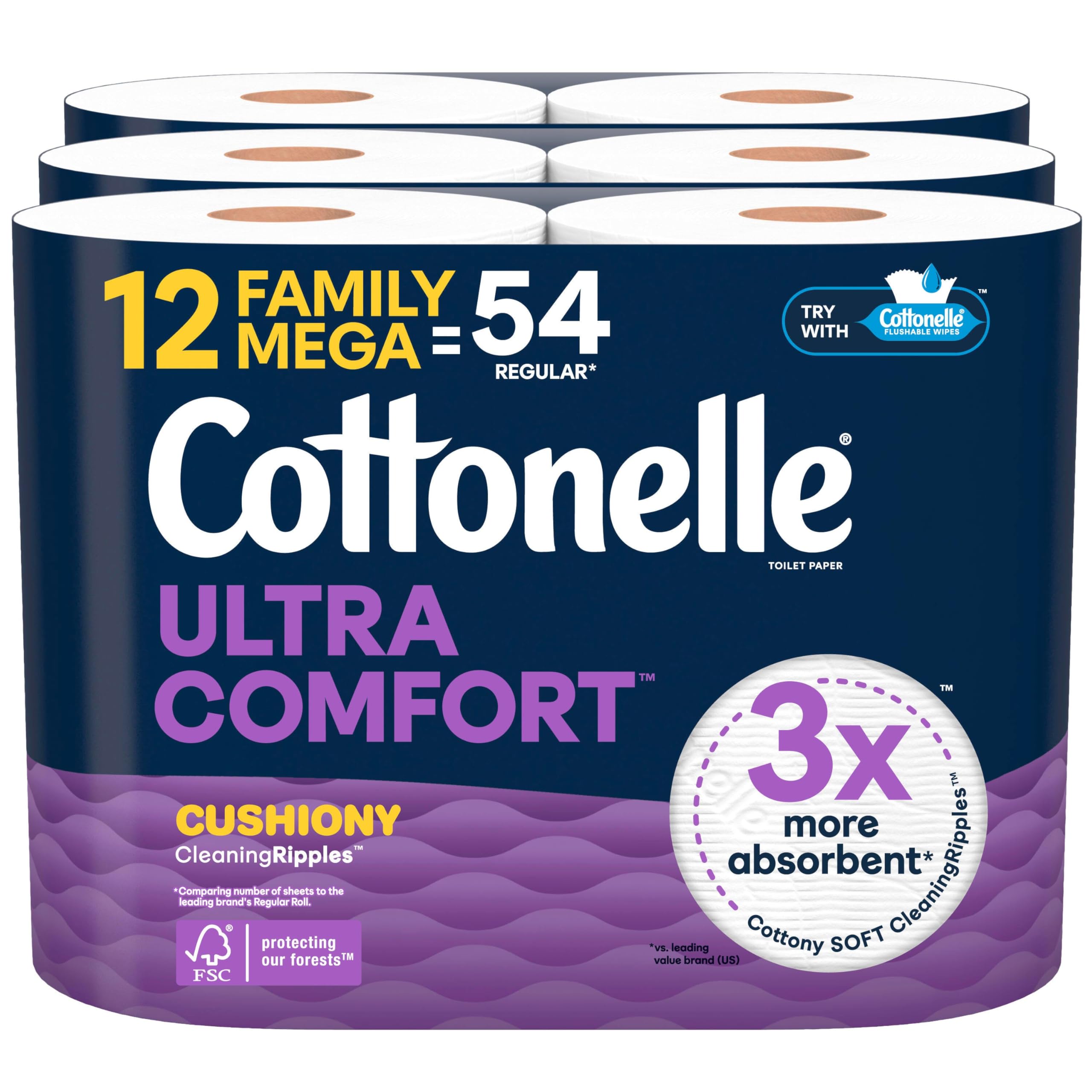 Photo 1 of Cottonelle Ultra Comfort Toilet Paper with Cushiony Cleaning Ripples Texture, 12 Family Mega Rolls = 54 Regular Rolls