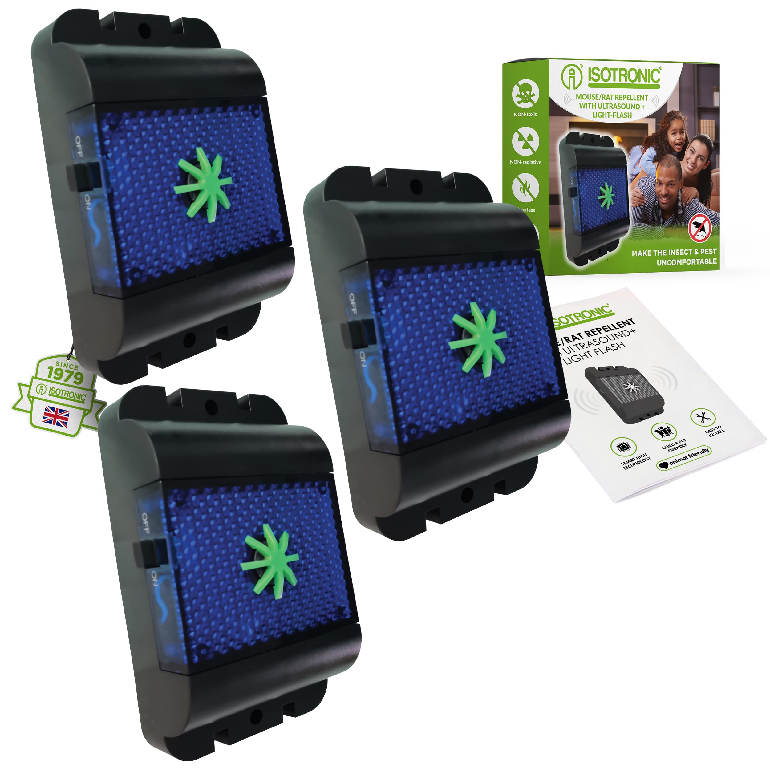 ISOTRONIC Ultrasonic Mouse Repellent for Repelling Mice & Rats - Pest Repeller with Ultrasonic & Blue LED Light - Mouse Repellent without Poison & Mouse Trap - 40 m² Effective Area (Pack of 3)