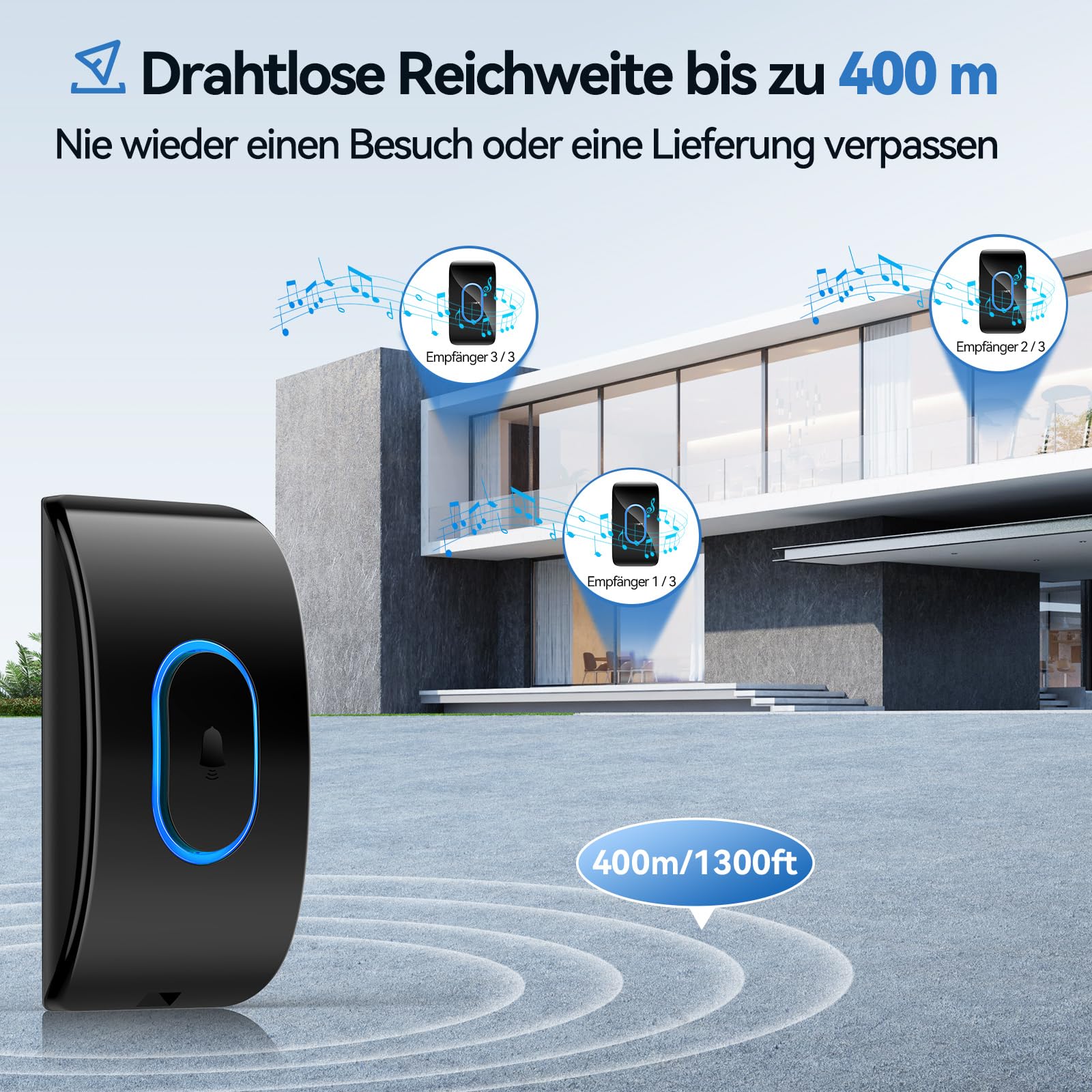 TECKNET Türklingel IP65 Funkklingel Aussen Wasserdicht, 400m Reichweite, Klingelset mit 1 Sender und 3 Empfängern, 5 Lautstärkestufen, 60 Melodien, Funkklingel mit LED-Blitz – Schwarz 2