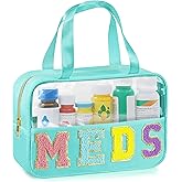 Medicine Bag for Travel, Chenille Letter Clear Makeup Bag, 11.8" x 7.9" Nylon & PVC Waterproof Meds Pouch with Handle and Zipper, Cute Preppy Storage Cosmetic Pouches for Women Girls (Meds Blue)