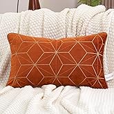 Aeckself 12 x 20 Inch Orange Gold Plaid Geometric Stripes Embroidery Velvet Cushion Case Luxury Modern Rectangle Decorative Throw Pillow Cover Pillowcase for Couch Living Room Bedroom Car