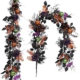 Pudate Halloween Garland 60 Inch Wire Base Spooky Black Rose Mantel Décor | Hand-tied with a flexible wire frame, glitter bats, and purple blooms. Delivers a mess-free gothic aesthetic for parties