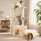 45" Solid Wood Cat Tree for Indoor Cats, Cat Tower with Tunnel, Sisal Posts | Cat Condo with Single Tunnel, Washable Cushion, High Perch with Guardrail, Hanging Balls, Natural Finish