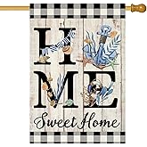 ORTIGIA Beach House Flag 28 x 40 Inch Double Sided Burlap Home Sweet Home Blue Anchor Starfish Seashell Coastal Ocean Yard Flag Summer Holiday Seasonal Outdoor Outside Decoration(Large)