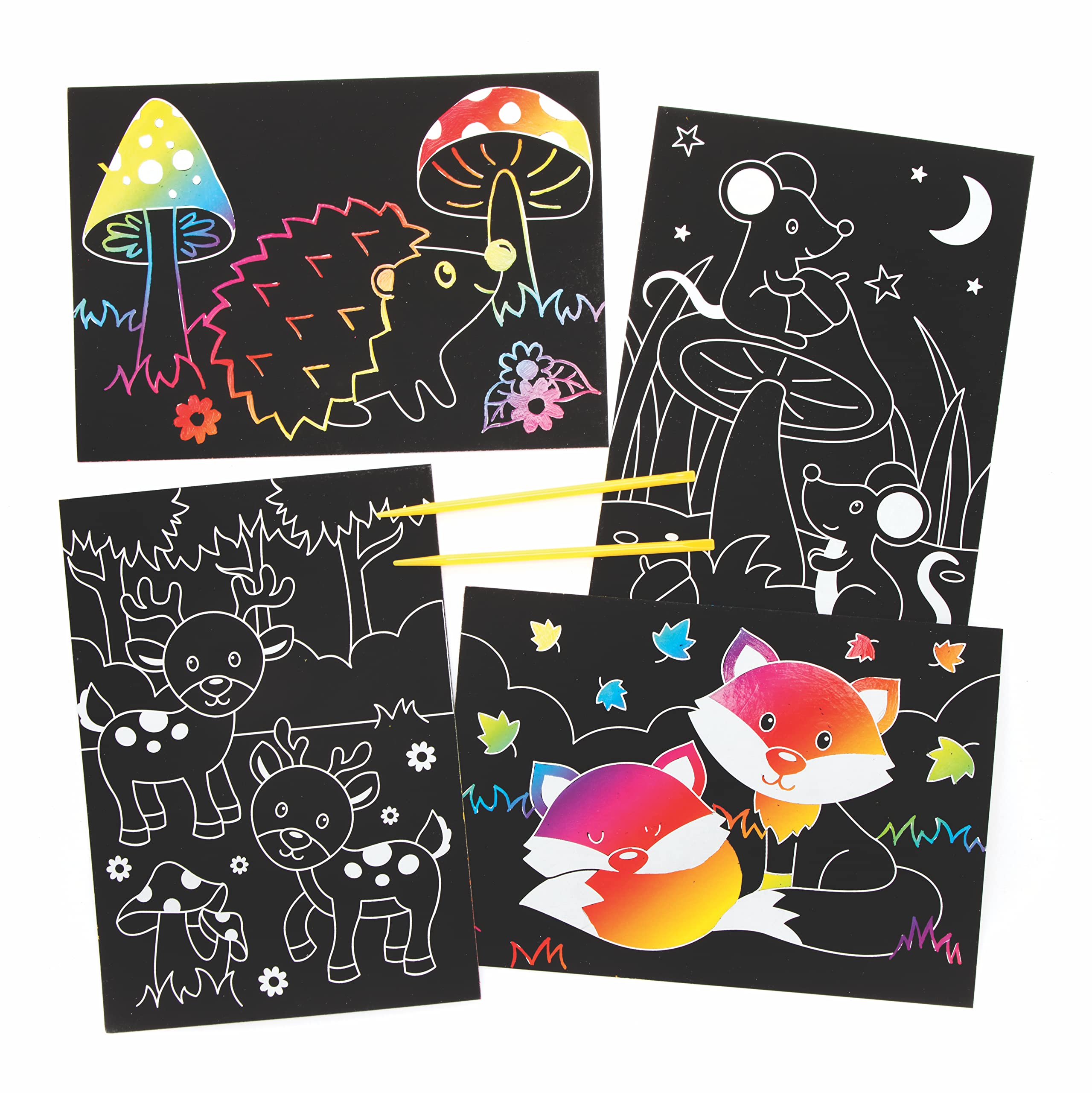 Baker Ross FE712 Woodland Animal Scratch Art Pictures - Pack of 8, Rainbow Scratch Art, Childrens Activity Packs, Creative Activities for Kids