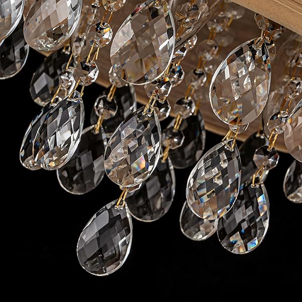 PINE FLICKER 3-LIGHT DRUM WOOD & K9 CRYSTAL CEILING LIGHTS, FARMHOUSE STYLE SEMI-FLUSHMOUNT LIGHT FIXTURE FOR DINING ROOM, LIVING ROOM & BEDROOM, D12 * H14 INCH, SOLID WOOD LAMPSHADE & GOLD FINISH
