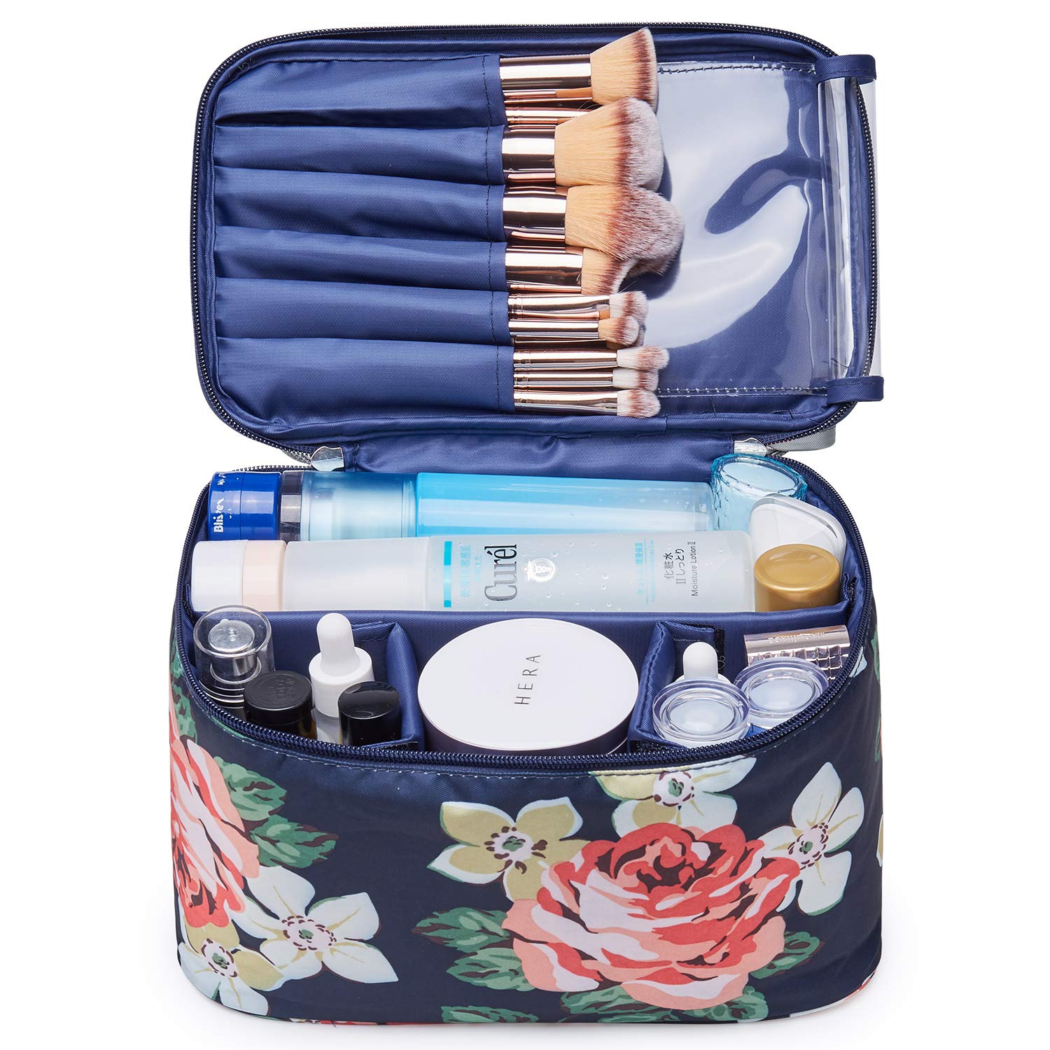 Travel Makeup Bag Large Cosmetic Bag Makeup Case Organizer for Women and Girls (Large, Blue Peony)