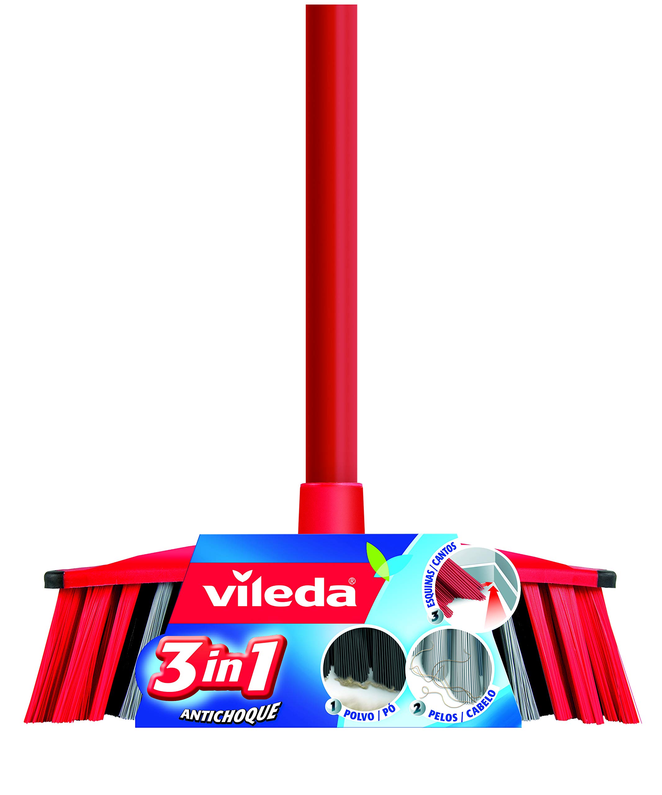 Vileda 3-in-1 Anti-Shock Brush Set and Stick, 3 Different Bristles, Suitable for All Surfaces, Red and Black