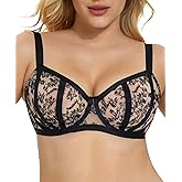Airsong Women's Plus Size Minimizer Bras Sexy Floral Lace Sheer Mesh Unlined Underwire Support Full Coverage Bralette 34D-42I