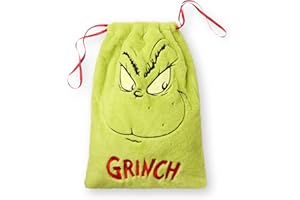 The Grinch Present Sack | Soft Fur Embroidered Multipurpose Christmas Theme Pouch | Green Festive Whoville Animated Character Drawstring Gift Bag | Seasonal Xmas Movie Merchandise Gift