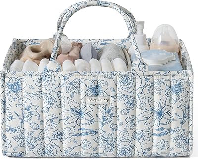 Blissful Diary Floral Diaper Caddy Organizer, Stylish Nursery Storage Basket, Gift for Baby Shower, Baby Registry Must Have, Newborn Essentials, Blue Floral