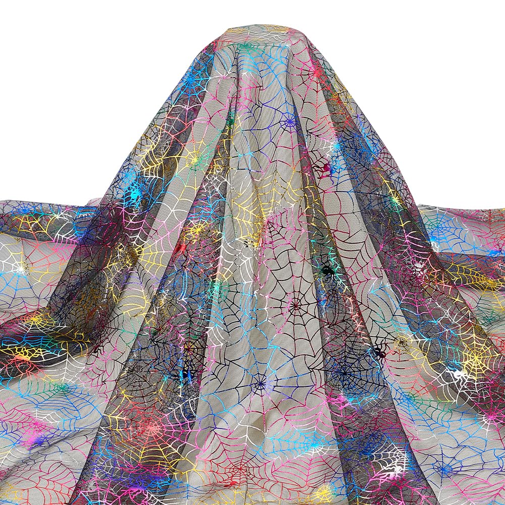 FINGERINSPIRE 2Yards/1.8M Halloween Spider Web Fabric 1.68m Wide - Glitter Colorful Spiderwebs Black Tulle for Halloween Theme Scary Spider Upholstery - DIY Craft Patchwork Projects