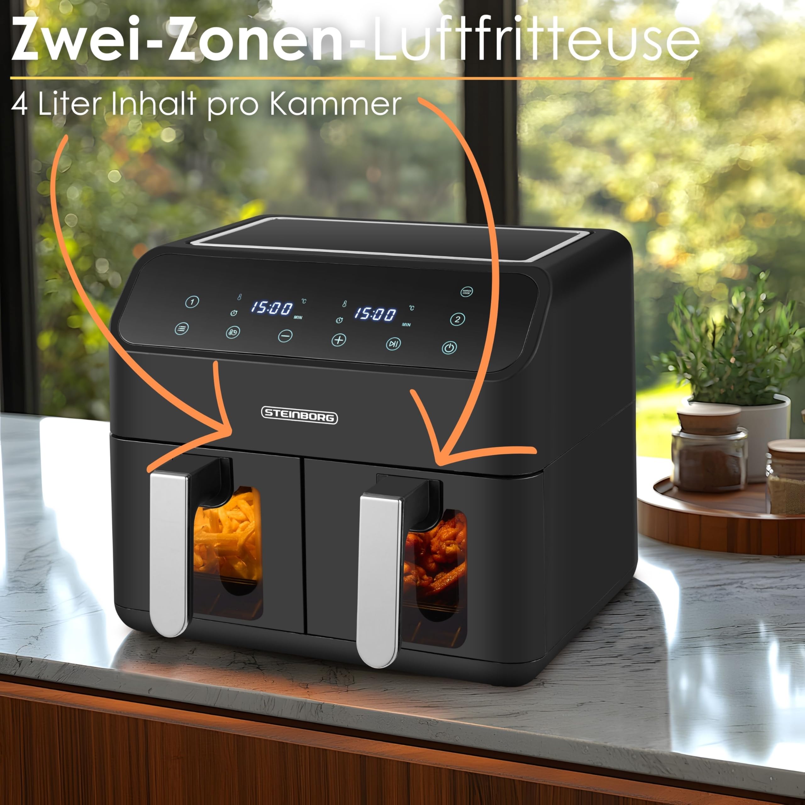Heißluftfritteuse 2 Kammern 8 Liter Heissluftfritteuse Fritteuse Grillen Backen Dörren Dörrautomat Frittieren XXL Air Fryer Friteuse ohne Öl Heißluftofen Heißluftgrill 4 in 1 Mini Backofen 3