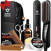 Beard Straightener for Men – 5-Temp Heated Brush with Anti-Scald Tech – Grooming Kit with Sandalwood Comb, Balm, Oil & Scissors – Gifts for Father’s Day, Anniversary & Birthdays
