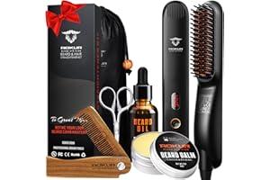 AOKUR Beard Straightener for Men – 5-Temp Heated Brush with Anti-Scald Tech – Grooming Kit with Sandalwood Comb, Balm, Oil & Scissors – Gifts for Father’s Day, Anniversary & Birthdays