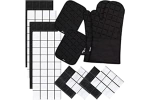 BSKSSK Oven Mitts Pot Holders Sets/Kitchen Towels and Dishcloths, Oven Gloves Kitchen Dish Towels 500 Degree Heat Resistant Potholders with Non-Slip Silicone Surface for Cooking, Grilling, Baking-Black