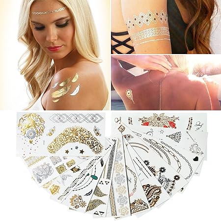 MUTUAL Metallic Temporäre Tattoos, Temporäre Klebe-Tattoos 12 Stück mit 150+ Motiven, Körper Tattoos Gold.