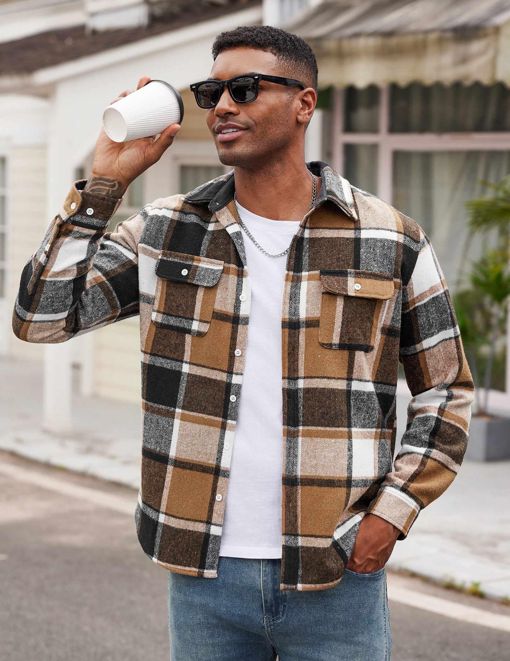 COOFANDY Men's Flannel Shirts Long Sleeve Cotton Plaid Shirt Jacket Casual Button Down Shirt with Pockets