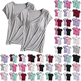 2 Pack of Built-in Bra T-Shirt for Womens Solid Color Padded Active Tops Comfy Short Sleeve Yoga Athletic Tees