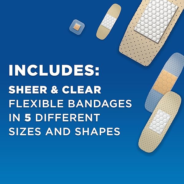BAND-AID BRAND ADHESIVE BANDAGES FAMILY VARIETY PACK, SHEER & CLEAR FLEXIBLE STERILE INDIVIDUALLY WRAPPED BANDAGES FOR FIRST AID WOUND CARE FOR MINOR CUTS & SCRAPES, ASSORTED SIZES, 280 CT