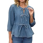 CIMUK Women Denim Tops Tie Front Puff Sleeve Ruffle Hem Peplum Blouse Jean Shirts