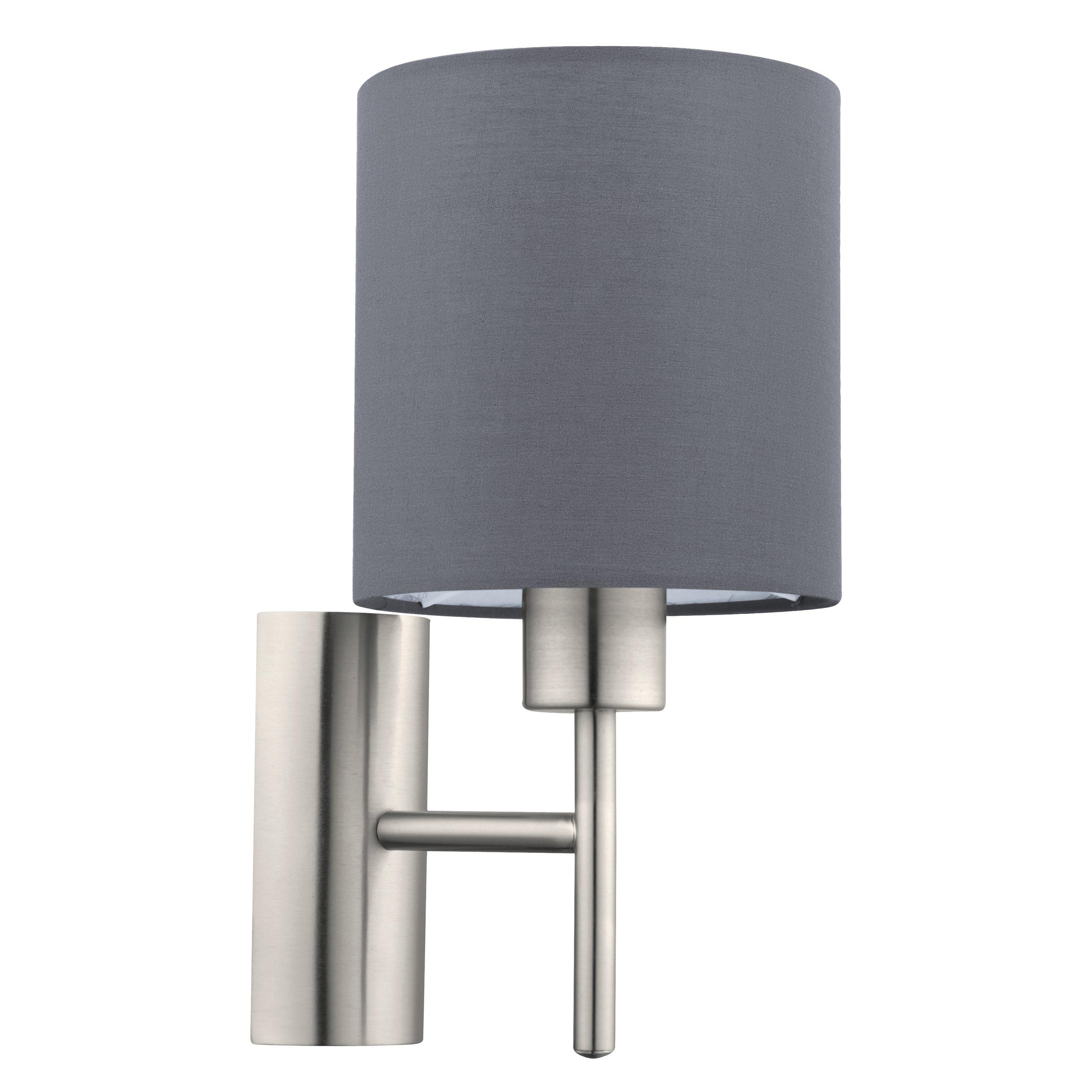 Eglo Pasteri Textile Wall Light, Matt Nickel Steel and Grey Fabric Wall Lamp, E27 Socket, Incl. Switch