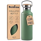 Bambaw 32oz Insulated Water Bottle, Green Stainless Steel Water Bottle, Large Water Bottle Stainless Steel, Hiking Water Bottle, Metal Water Bottle, 32 oz Water Bottle – Sage Green