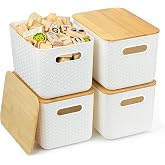 Ohmlove 4 Pack Storage Bins with Bamboo Lids,Stackable Box for Organization | Plastic Storage Containers with Handle, Storages Baskets for Organizing Desktop Closet Playroom Classroom Office, White