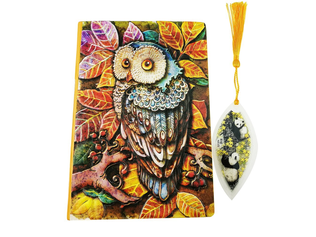 3D Cover Owl Embossed Leather Notebook Lay-Flat Binding Ruled Pages Hardcover Journal a5 Handmade Planner Lined Pages Writing Notebook with Panda Bear Bookmark (Multicolor)