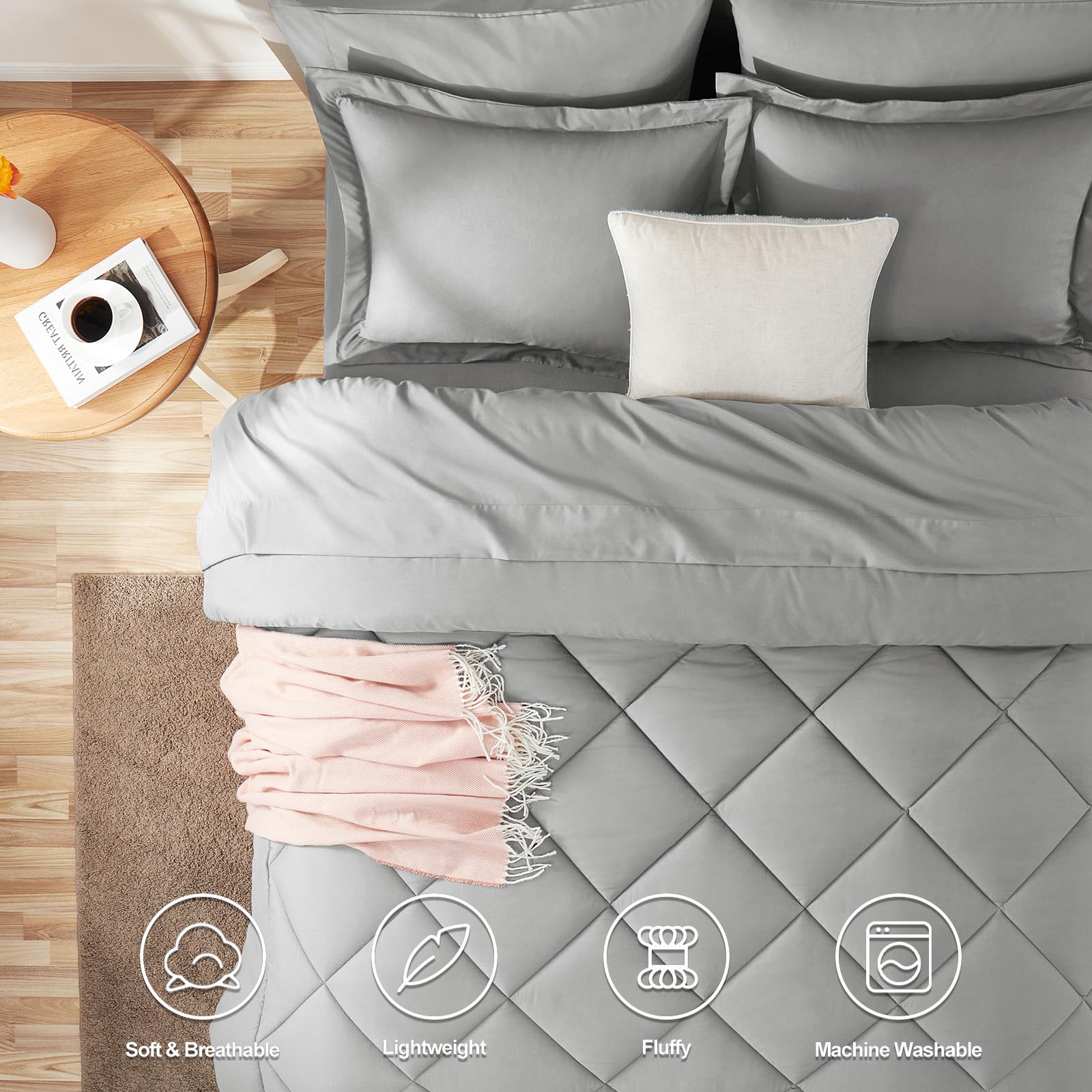 CozyLux Queen Comforter Set Light Grey - Bed in a Bag Queen Size 7 Pieces, Luxury Soft Bed Set for All Seasons, Bedding Set with Down Alternative Comforter, Sheets, Pillowcases & Shams