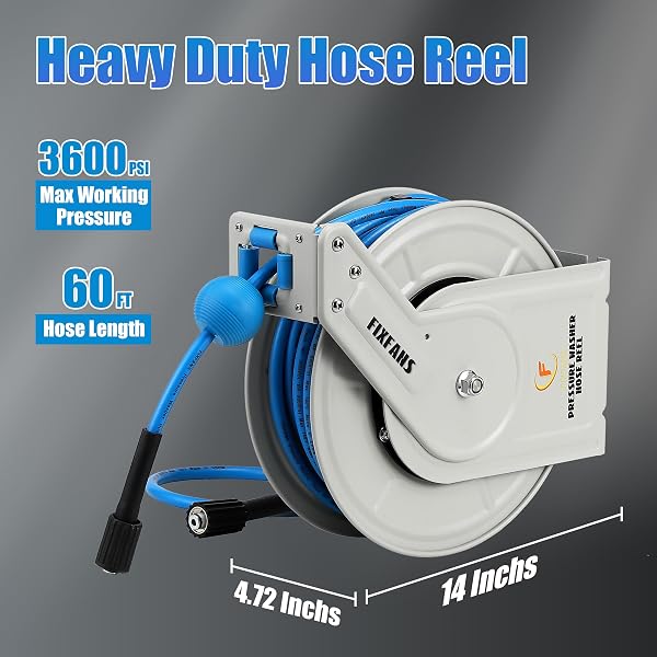 FIXFANS PRESSURE WASHER HOSE REEL WITH HOSE, 1/4″ × 60FT RETRACTABLE POWER WASHER HOSE REEL, HEAVY DUTY HOSE REEL AUTO REWIND, WALL MOUNTED, 3600 PSI