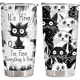 34HD Funny Black Cat Tumbler with Lid, 20oz Stainless Steel Vacuum Insulated Everything Is Fine Cup, Cat Lover Gifts for Women Birthday Mothers Day Halloween Christmas
