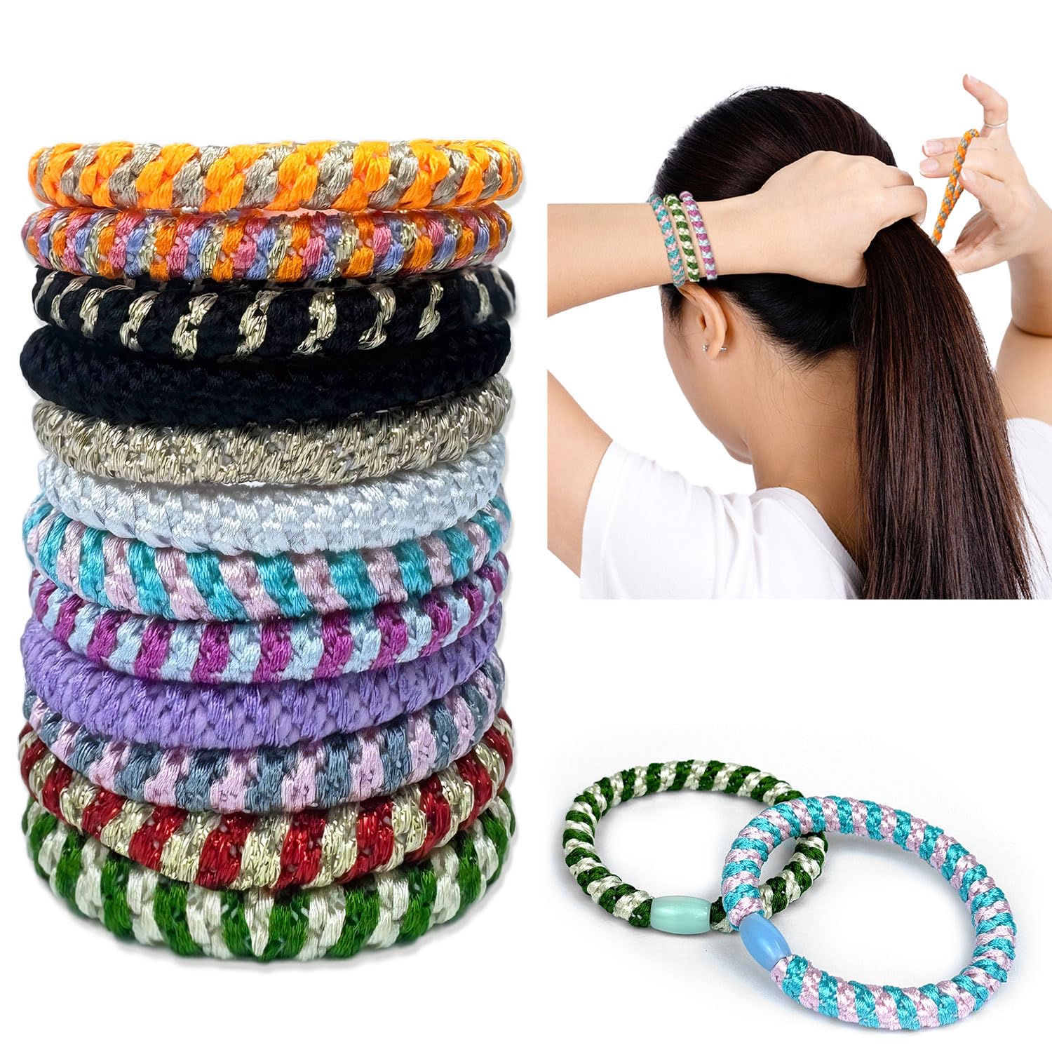 12 Pcs Hair Ties, Mixed Color Ponytail Holders Elastics Hair Ties No Damage Hair Tie Bracelets Stretch Hair Bobbles for Women Girls Thin/Thick/Medium/Long Hair — image 1