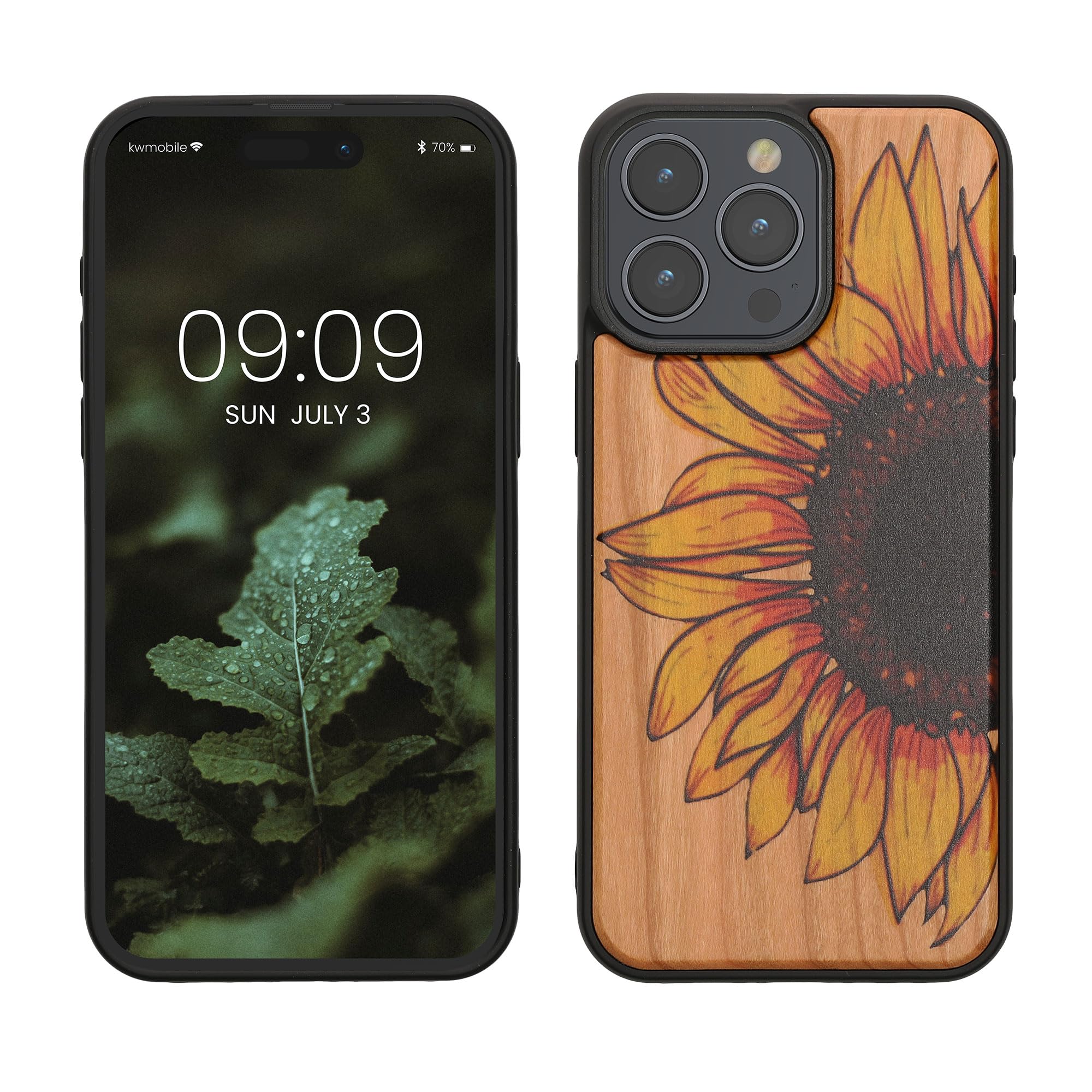 kwmobile Wood Case Compatible with iPhone 15 Pro Max Case - Cover - Wood Sunflower Yellow/Dark Brown/Light Brown
