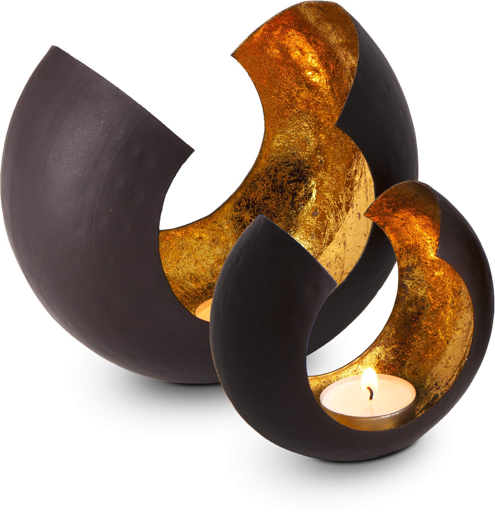 Vertrieb durch presents & more Candle Holder Set of 2: Tealight holder Sakrale, Brown-gold, Metal, Festival, Tabletop, 12 x 6.5 x 11 cm, 18 x 11 x 15 cm