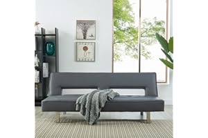 Naomi Home Astrid Futon Sofa Bed - Gray Faux Leather, Modern Style, 3-Position Reclining Mini Sofa/Bed with Chrome Legs, Small Couch for Bedroom Living Rooms, Office
