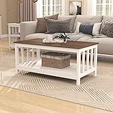 ChooChoo Farmhouse Coffee Table, White Living Room Table with Shelf, 40 Inch
