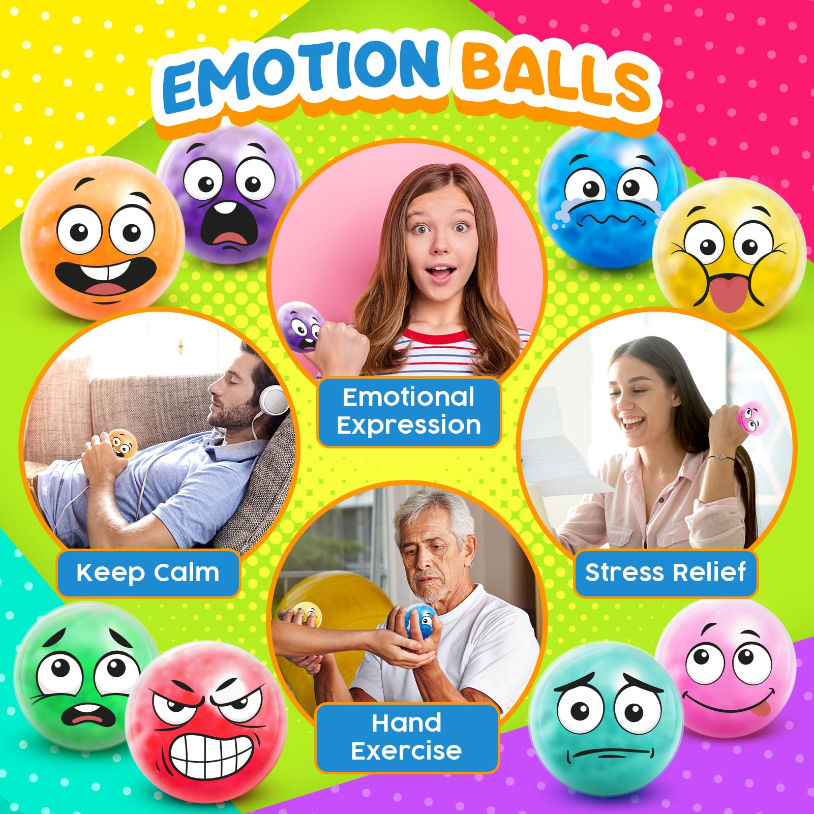 Sensory Stress Balls for Kids: Squishy Fidget Balls for Adults Anxiety Relief Emotional Squeeze Toys for Kids with Autism Funny Squishy Toys for Hand Exercises - Calm Down Party Favors