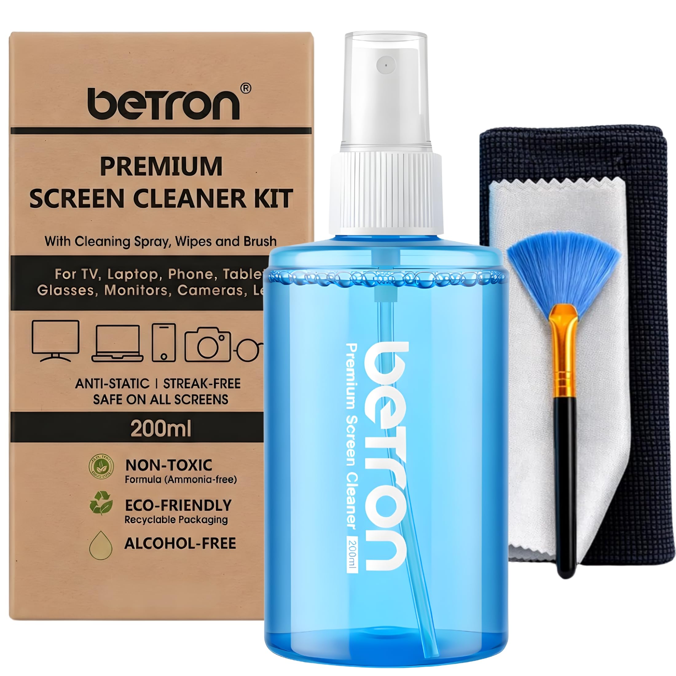 Betron Screen Cleaner Spray for LCD LED OLED TV, Smartphone, iPad, Laptop, Touchscreen, Computer Monitor, Cleaning Kit with Microfiber Wipes and Brush 200ml
