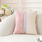 TAOSON Pack of 2, Pink Beige Patchwork Velvet Throw Pillow Cover with Gold Striped Leather Cushion Case Modern Luxury Square Pillowcase for Sofa Couch Bedroom Living Room Home,18x18 inch