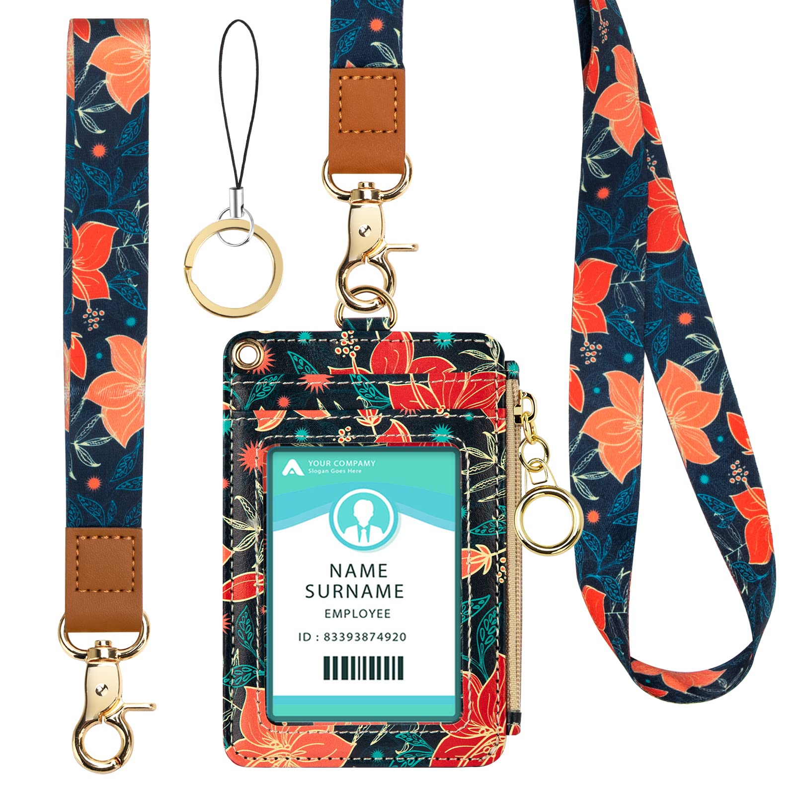 Badge Holder Neck Strap PU Leather Badge Holder with Zipper Pocket for ID Card, Student Card, Bus Card (Red Flower)