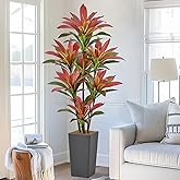 Roselywed Artificial Red Dracaena Tree 6FT with 114 Leaves & 7 Heads & Gray Tall Planter Cover with Coconut Fiber Tall Faux Tropical Silk Bicolor Plant 72 Inch for Indoor Home Office Porch Mall Decor