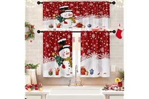 Tayney Christmas Kitchen Window Curtains and Valances Set 36 Inch Red Snowman with Xmas Tree Gifts Short Tier Curtains, Snowflakes Small Kitchen Decor