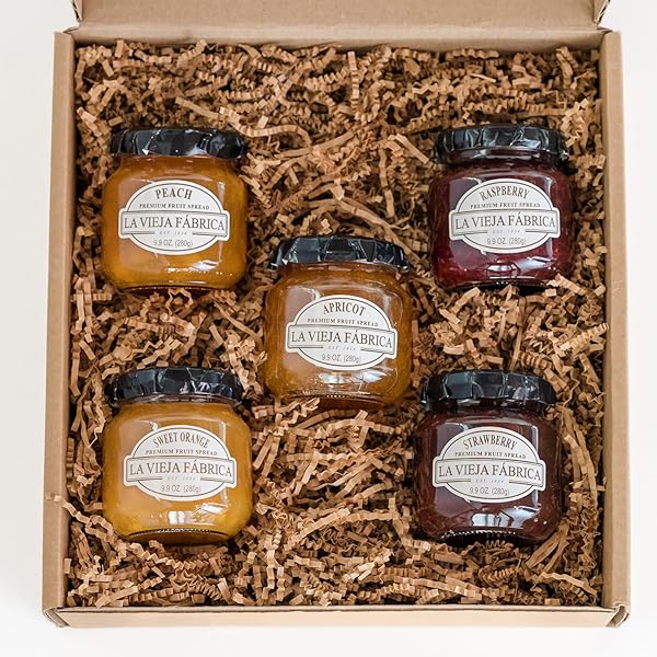 LA VIEJA FABRICA FRUIT SPREAD GIFT BOX – INCLUDES SWEET ORANGE, PEACH, APRICOT, RASPBERRY & STRAWBERRY JAM – 9.9 OZ (5 JARS)