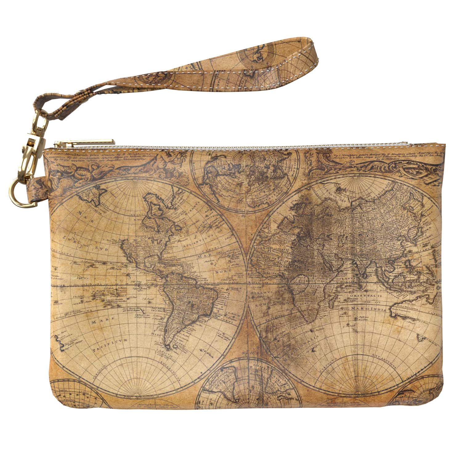 Lex Altern Makeup Bag 9.5 x 6 inch World Map Vintage Antique Earth Luxury Brown Design Print Purse Pouch Cosmetic Travel PU Leather Case Toiletry Women Zipper Bathroom Wristband Girly Accessories