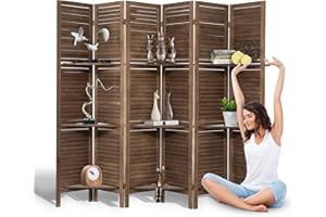 Lyngins 6 Panel Room Divider with Shelves, 5.6FT Folding Room Divider Screen, Free Assembled Freestanding Partition for Home Office Bedroom, Dark Brown