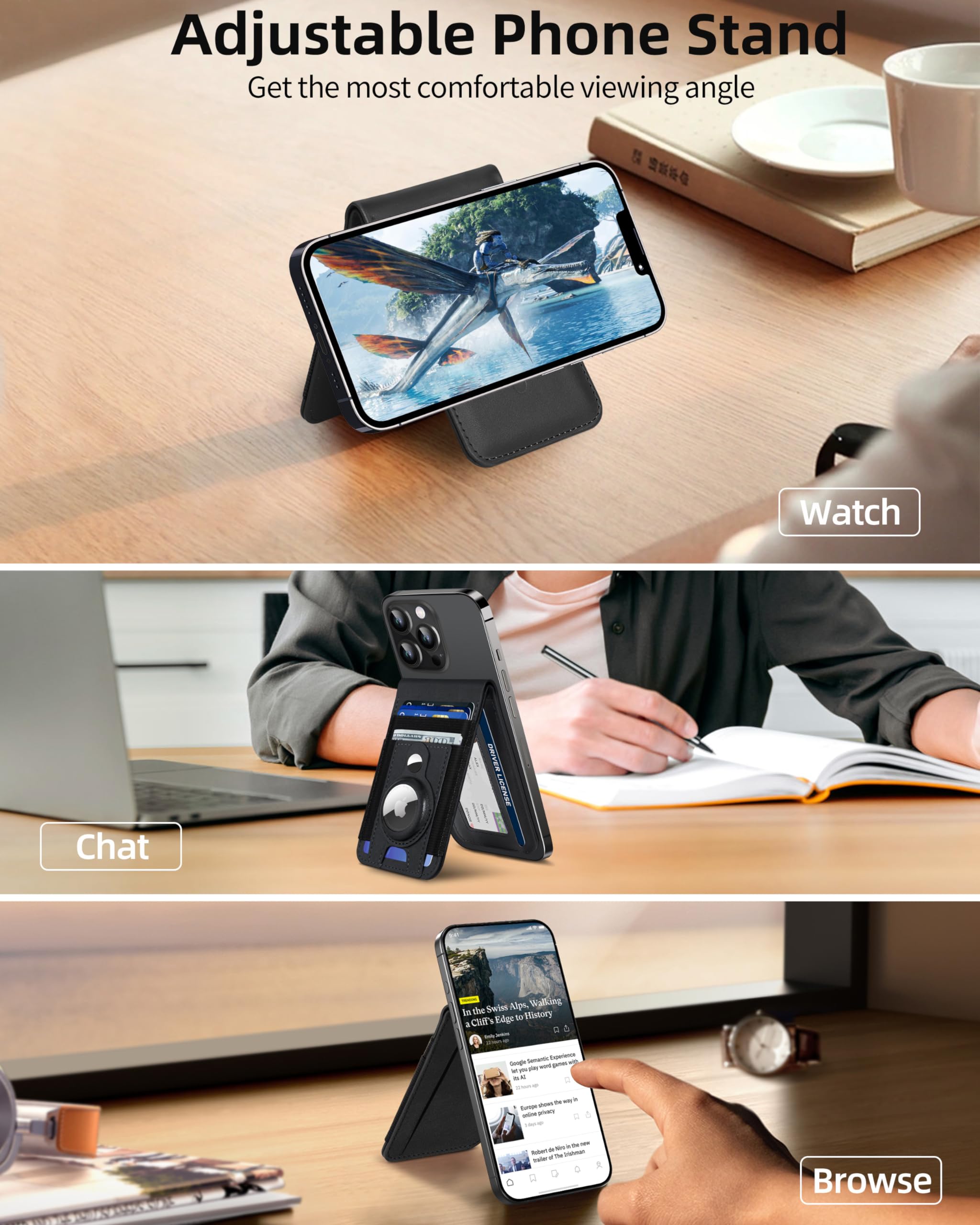 ExtreLife ExtreLife for Magsafe Wallet Stand with Airtag Holder, Strongest Magnetic Wallet for iPhone 16/15/14/13/12 Series, ID Window, 4 Card Slots, 10 Cards Holder, Vegan Leather, RFID Blocking, Black