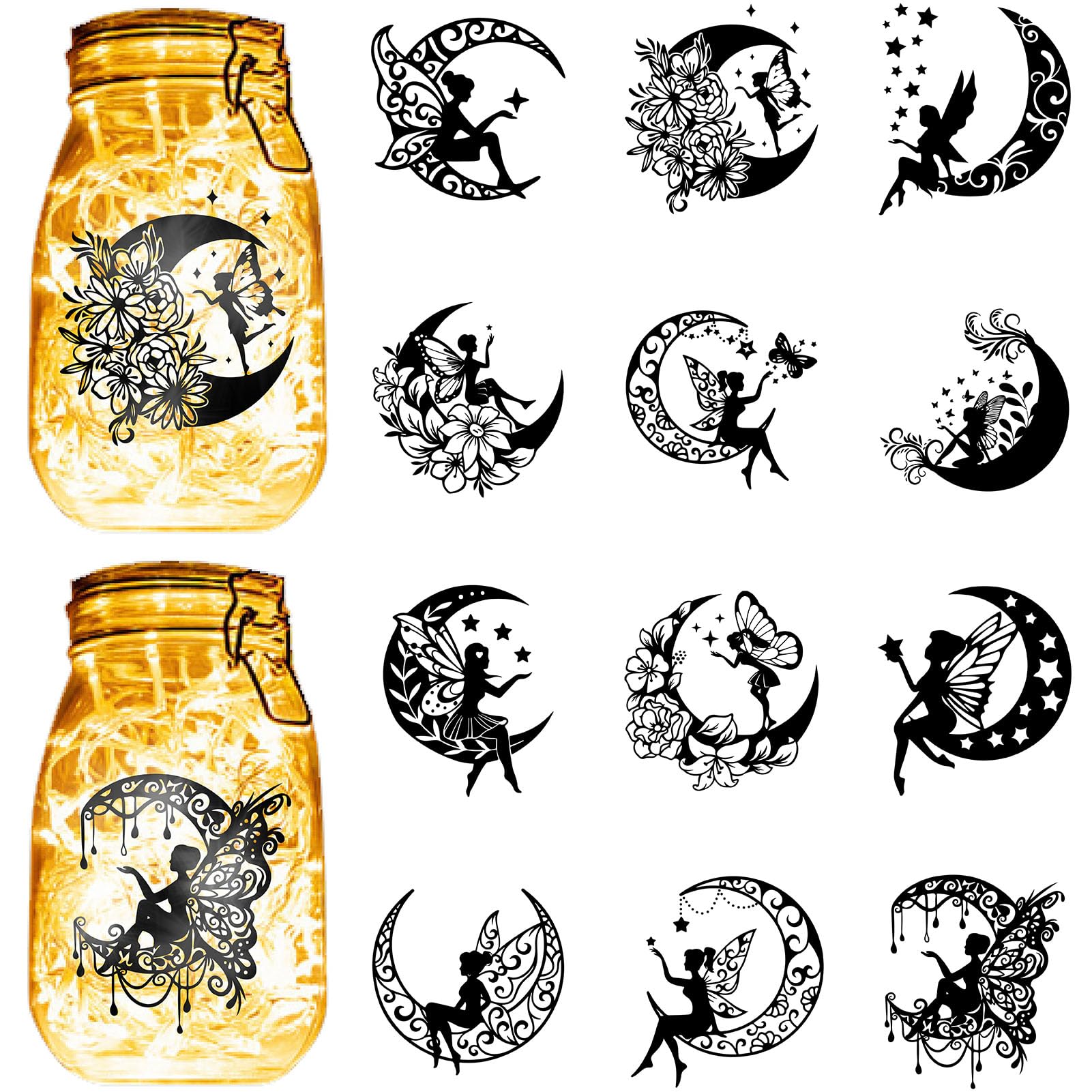 CREATCABIN 12Pcs Fairy Angel Silhouettes Mason Jar Decor Moon Laser Cut Cardboard Scrapbook Cutouts Die Cuts PVC for Crafting Lantern Jars Wall Painting Window Glass Phones 3.9x3.5Inch-No Sticker